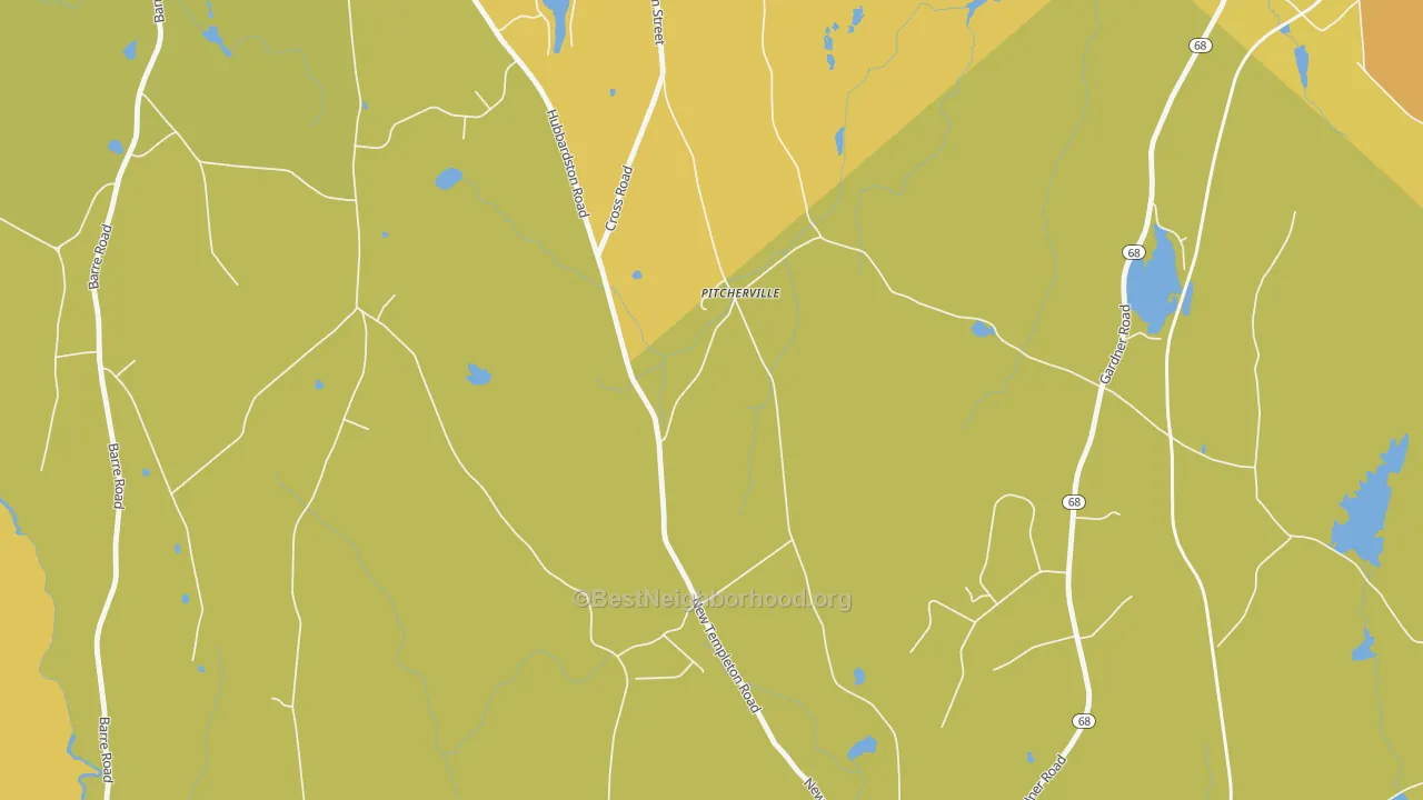 Map of the best neighborhoods in the Pitcherville area, with better matches in green and worse matches in red