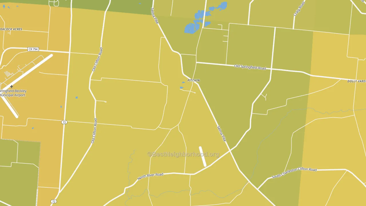 Map of the best neighborhoods in the Pitchin area, with better matches in green and worse matches in red