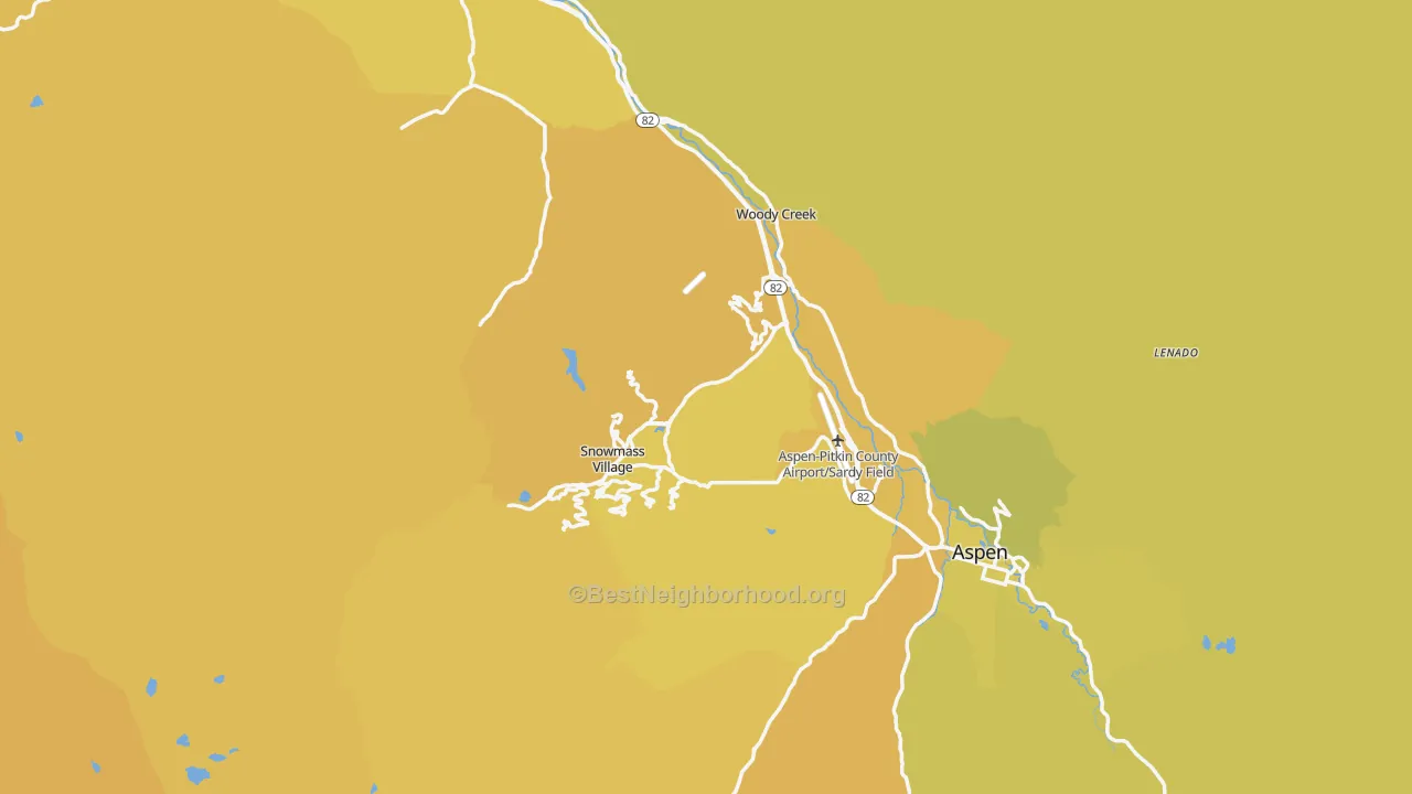 Map of the best neighborhoods in the Pitkin County area, with better matches in green and worse matches in red
