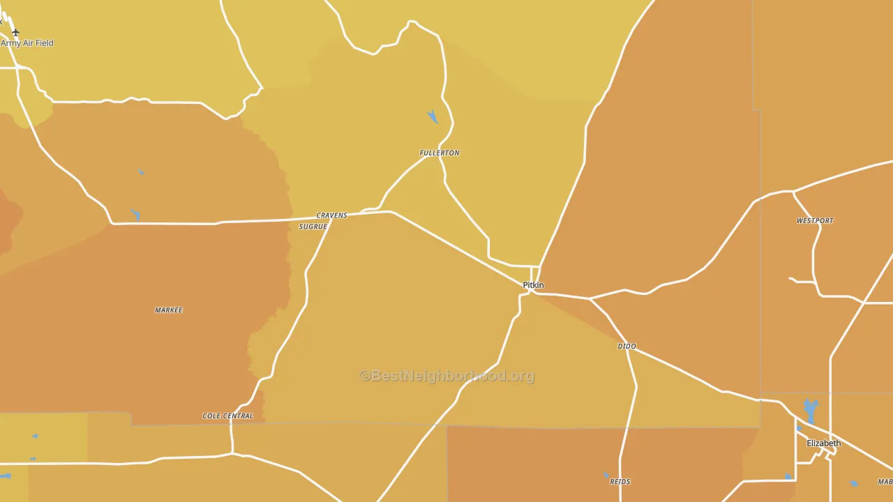 Map of the best neighborhoods in the Pitkin area, with better matches in green and worse matches in red