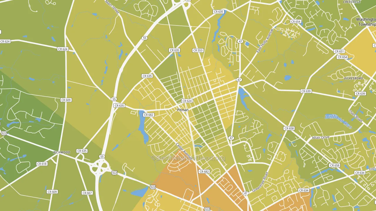 Map of the best neighborhoods in the Pitman area, with better matches in green and worse matches in red