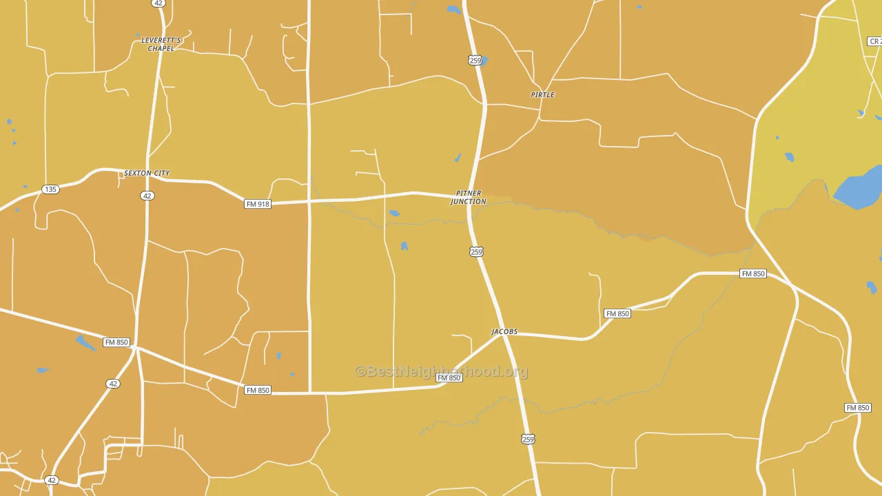 Map of the best neighborhoods in the Pitner Junction area, with better matches in green and worse matches in red