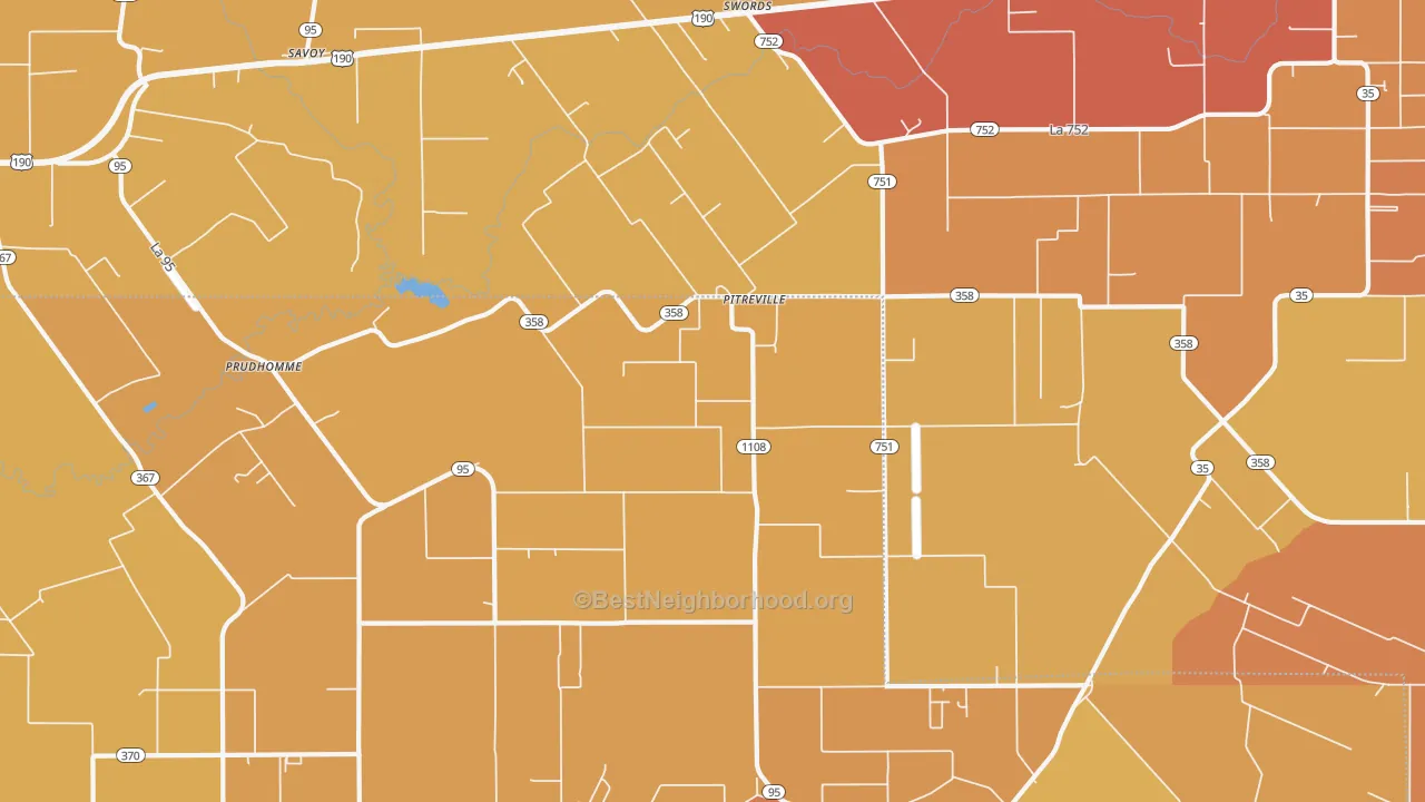 Map of the best neighborhoods in the Pitreville area, with better matches in green and worse matches in red