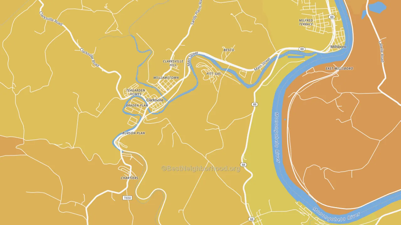 Map of the best neighborhoods in the Pitt Gas area, with better matches in green and worse matches in red