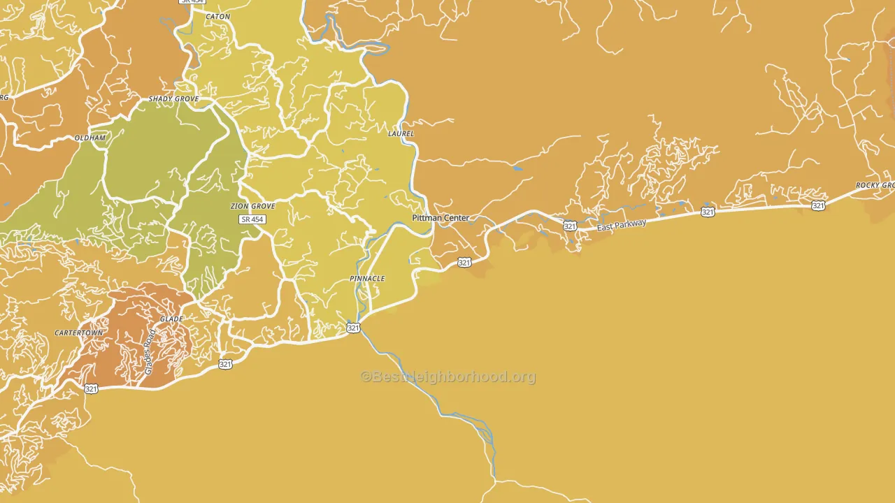 Map of the best neighborhoods in the Pittman Center area, with better matches in green and worse matches in red
