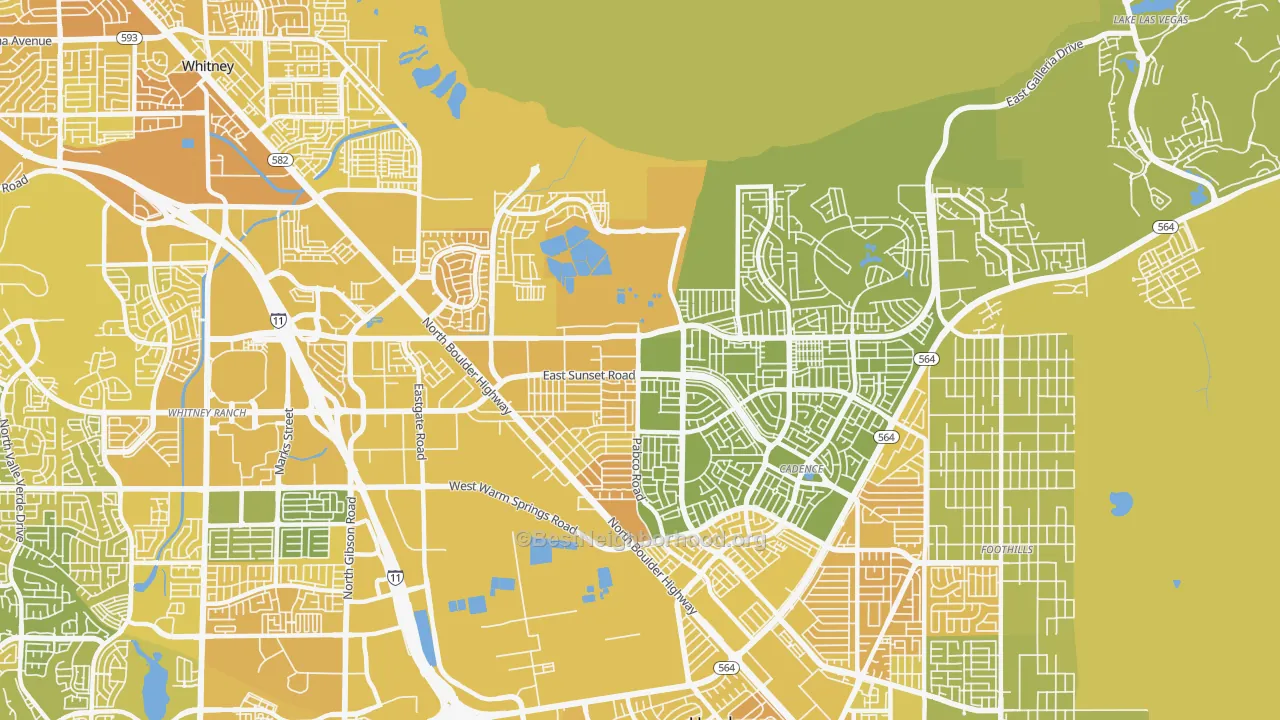 Map of the best neighborhoods in the Pittman, Henderson area, with better matches in green and worse matches in red