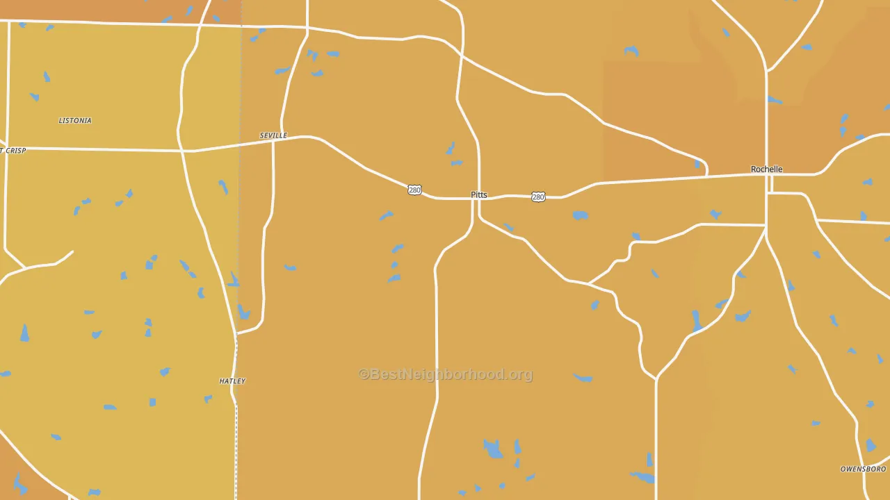 Map of the best neighborhoods in the Pitts area, with better matches in green and worse matches in red