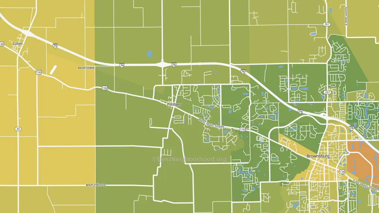 Map of the best neighborhoods in the Pittsboro area, with better matches in green and worse matches in red