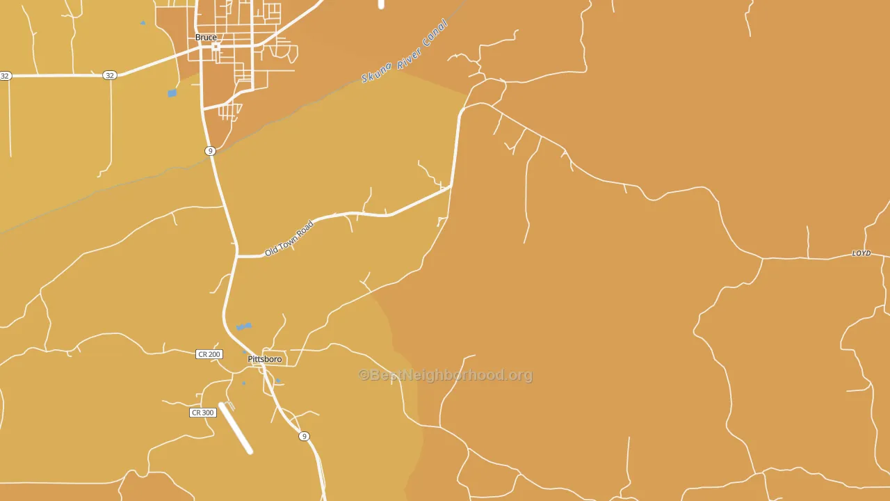 Map of the best neighborhoods in the Pittsboro area, with better matches in green and worse matches in red