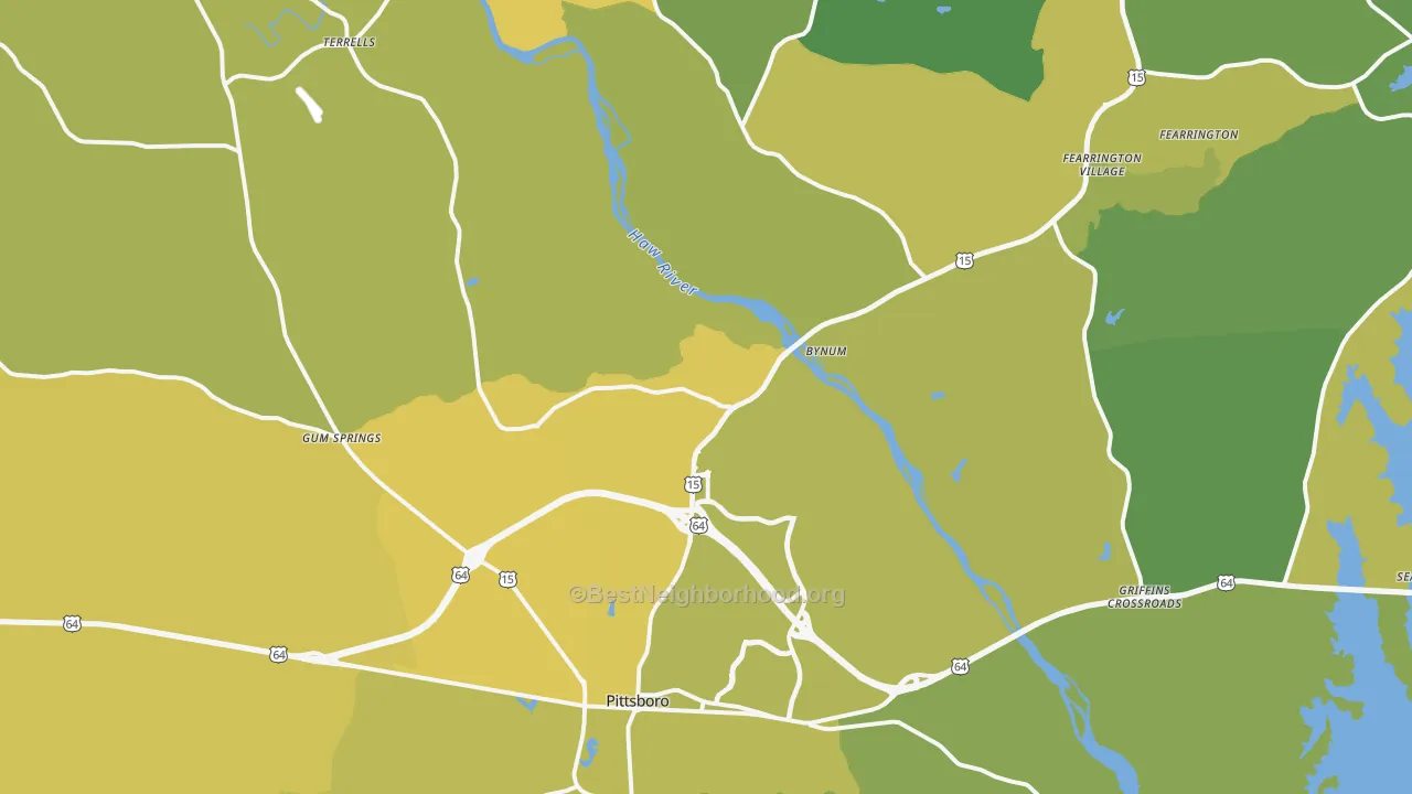 Map of the best neighborhoods in the Pittsboro area, with better matches in green and worse matches in red