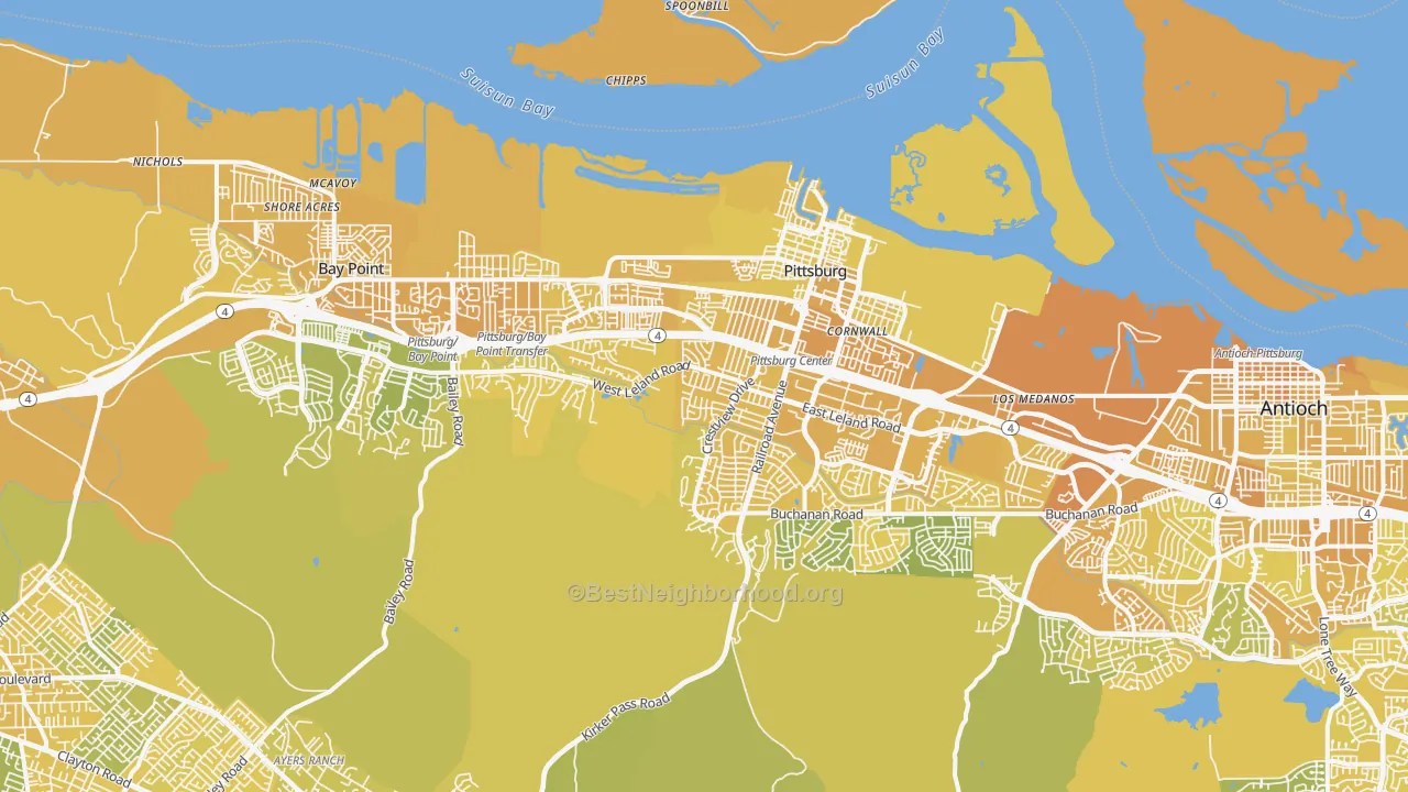Map of the best neighborhoods in the Pittsburg area, with better matches in green and worse matches in red