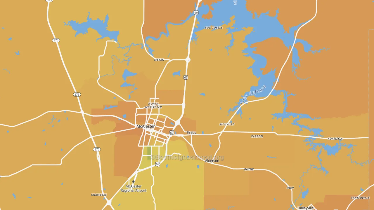 Map of the best neighborhoods in the Pittsburg County area, with better matches in green and worse matches in red