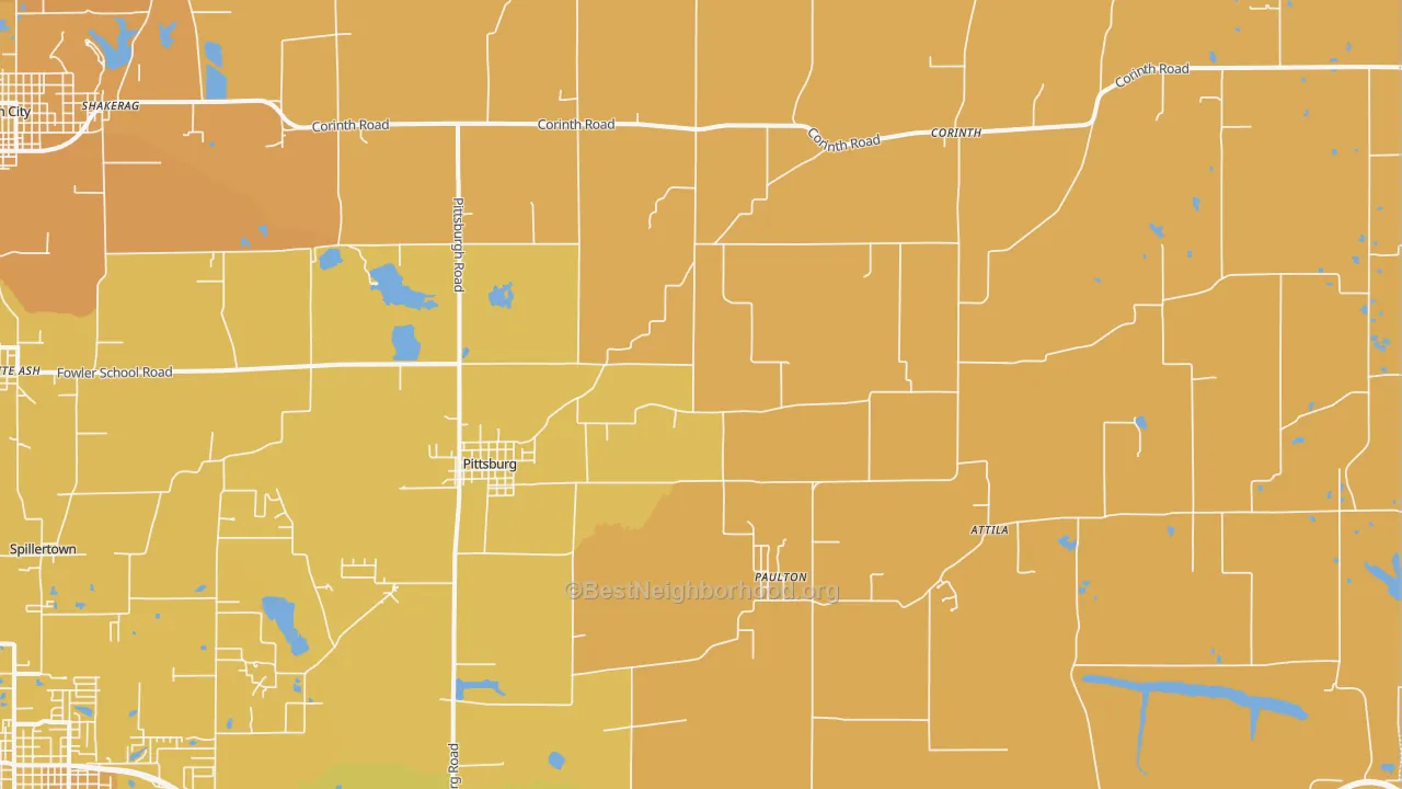 Map of the best neighborhoods in the Pittsburg area, with better matches in green and worse matches in red