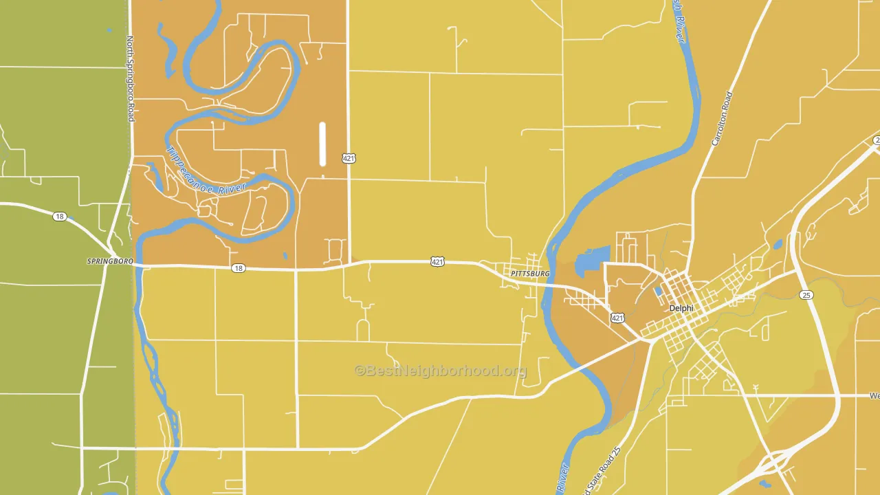 Map of the best neighborhoods in the Pittsburg area, with better matches in green and worse matches in red