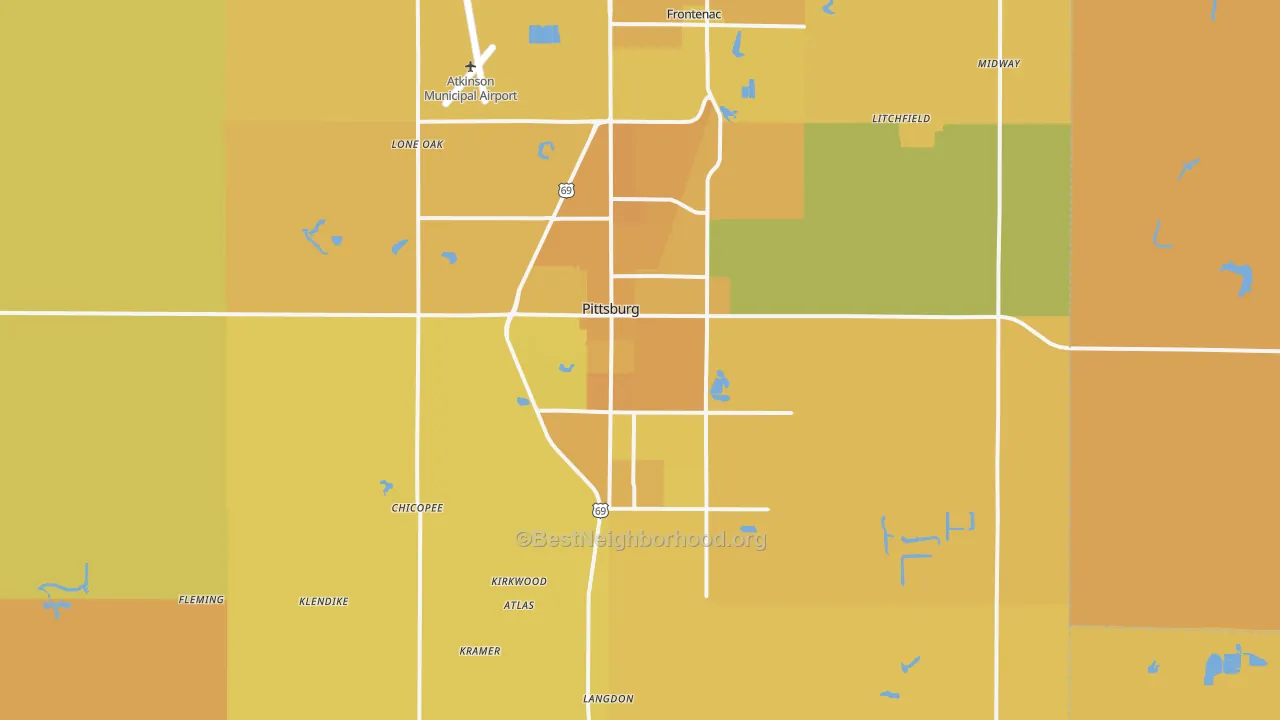 Map of the best neighborhoods in the Pittsburg area, with better matches in green and worse matches in red