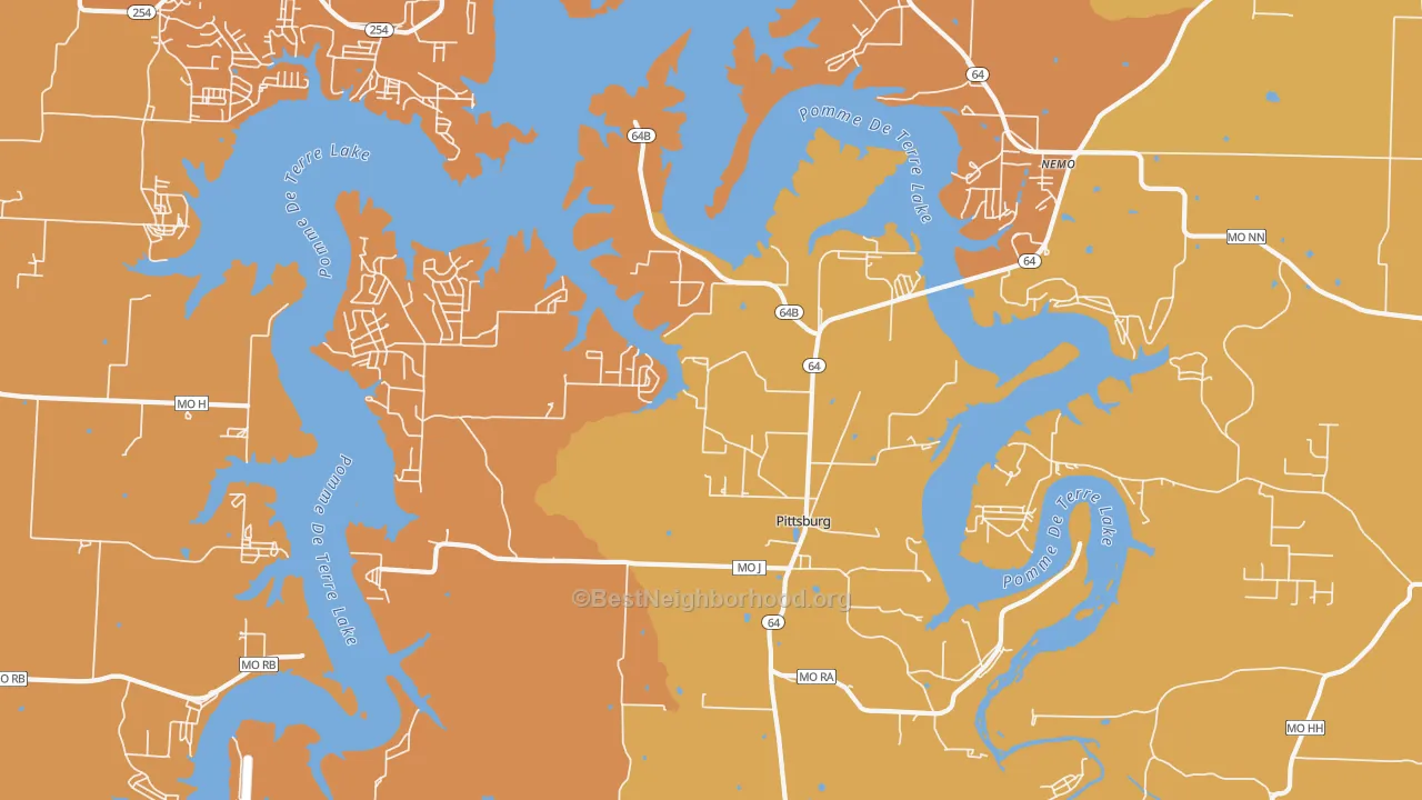 Map of the best neighborhoods in the Pittsburg area, with better matches in green and worse matches in red