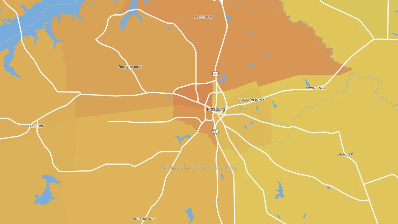 Map of the best neighborhoods in the Pittsburg area, with better matches in green and worse matches in red