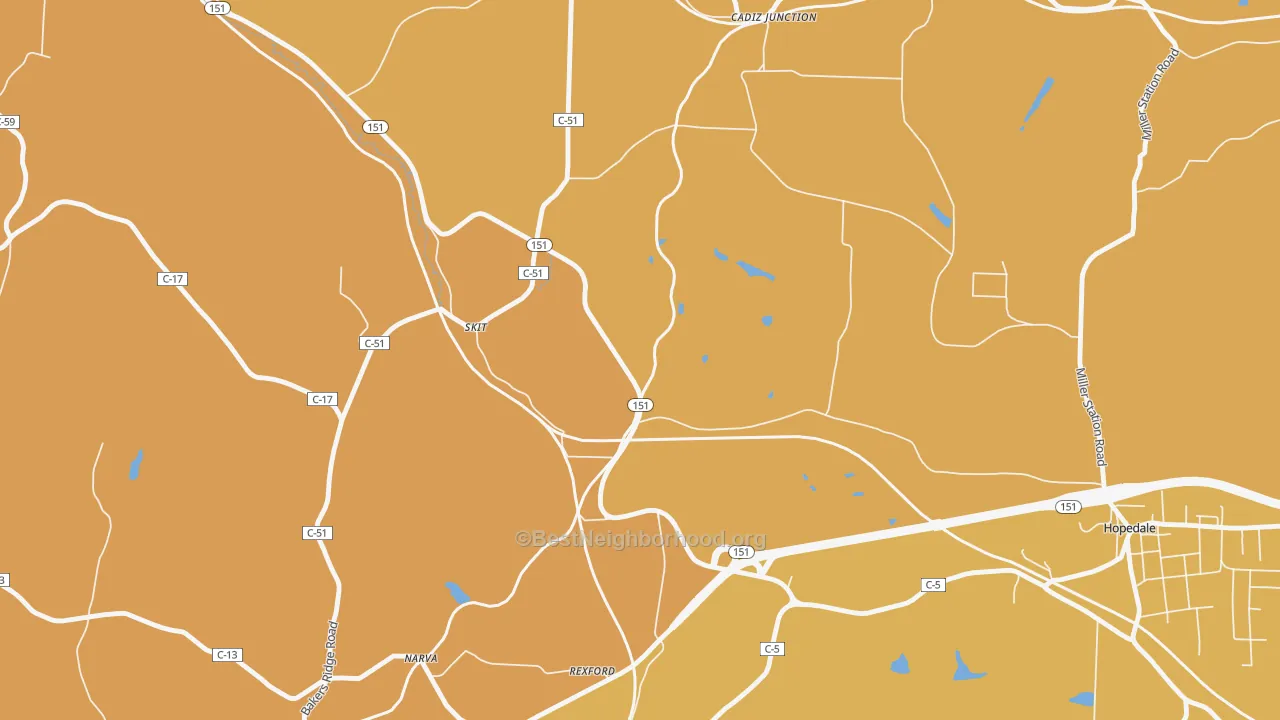 Map of the best neighborhoods in the Pittsburgh Junction area, with better matches in green and worse matches in red