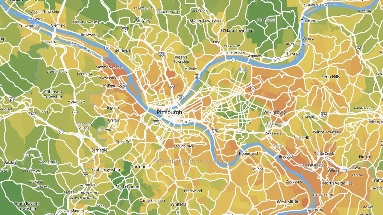 Map of the best neighborhoods in the Pittsburgh Metro area, with better matches in green and worse matches in red