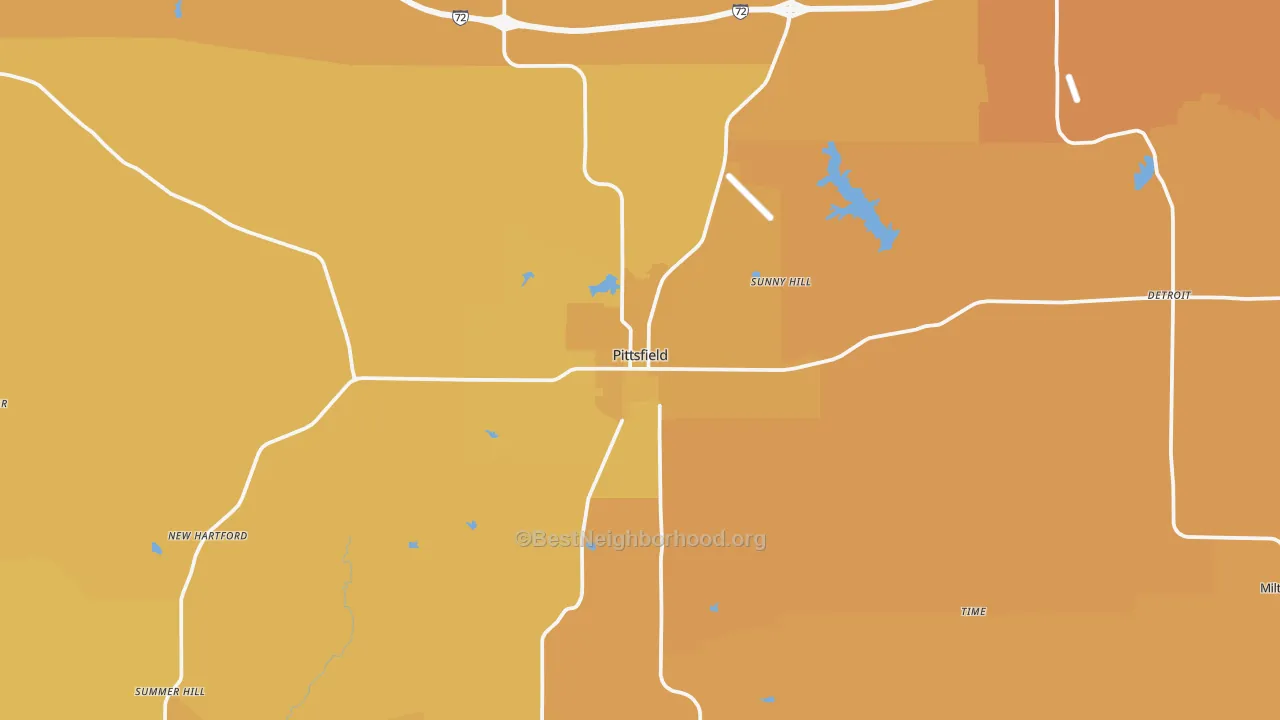 Map of the best neighborhoods in the Pittsfield area, with better matches in green and worse matches in red