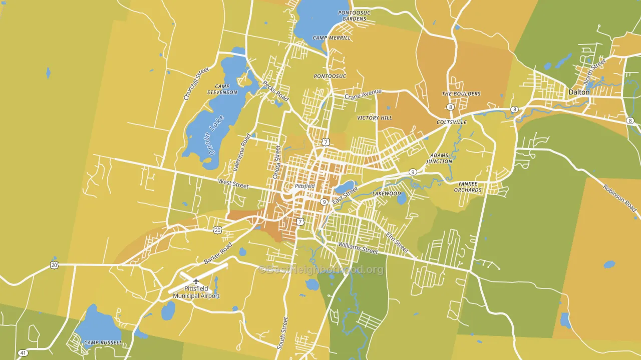 Map of the best neighborhoods in the Pittsfield Metro area, with better matches in green and worse matches in red