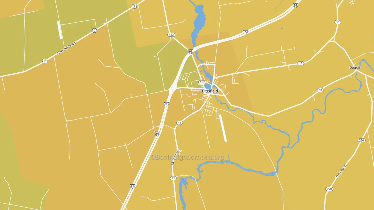 Map of the best neighborhoods in the Pittsfield area, with better matches in green and worse matches in red