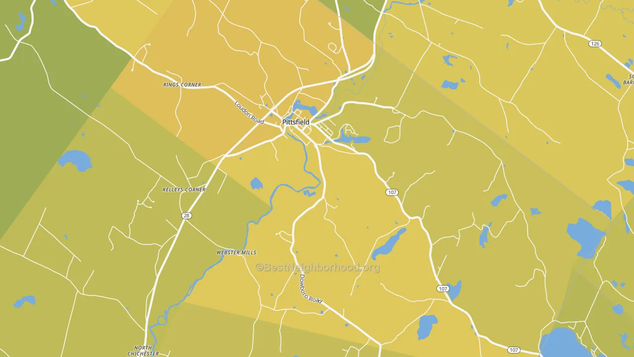 Map of the best neighborhoods in the Pittsfield area, with better matches in green and worse matches in red