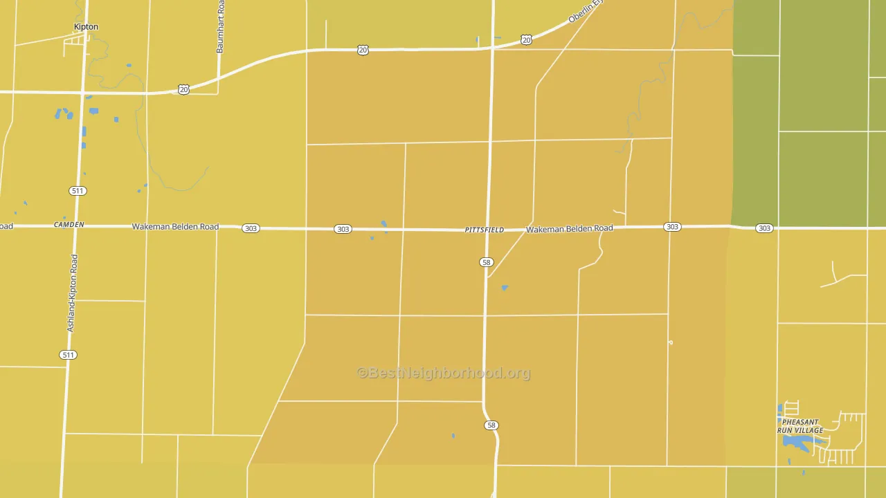 Map of the best neighborhoods in the Pittsfield area, with better matches in green and worse matches in red