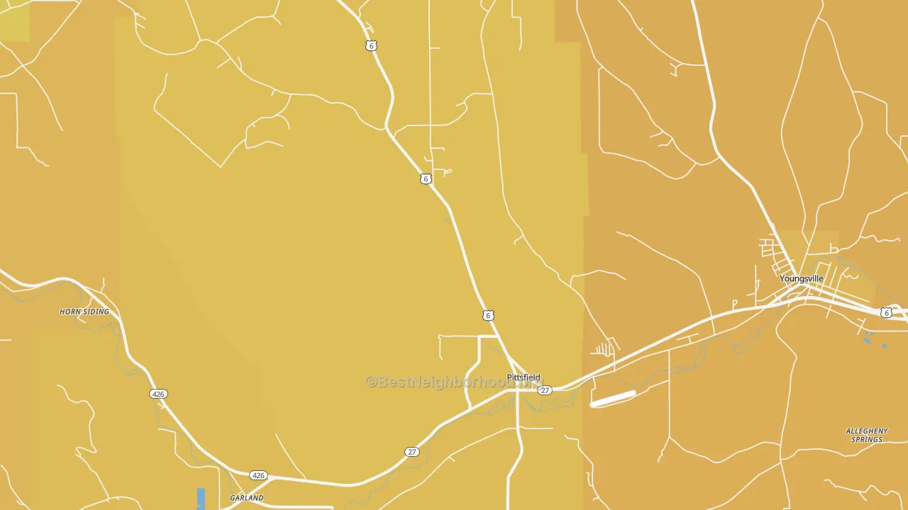 Map of the best neighborhoods in the Pittsfield area, with better matches in green and worse matches in red