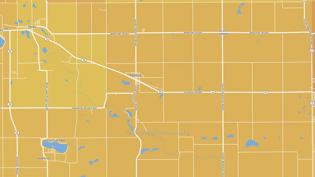 Map of the best neighborhoods in the Pittsford area, with better matches in green and worse matches in red