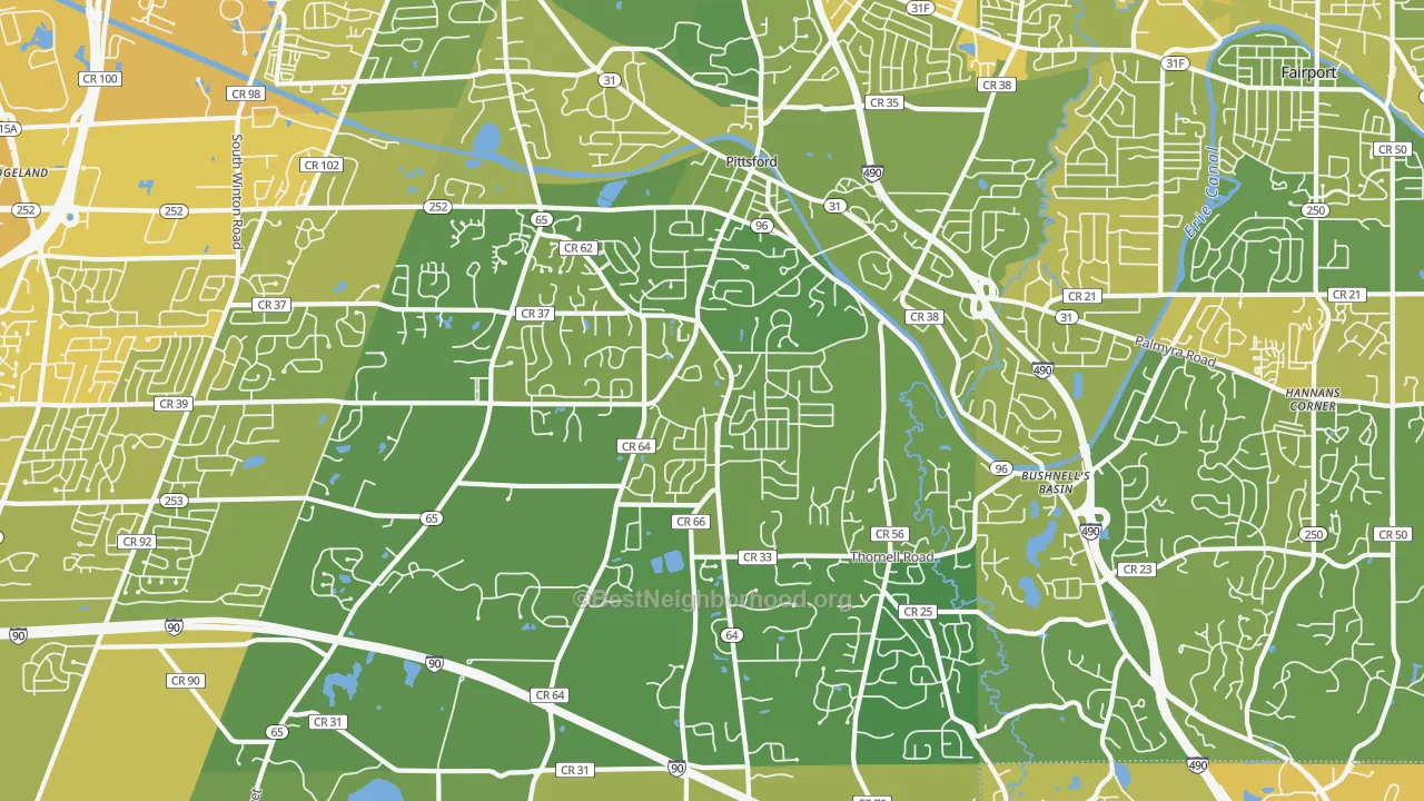 Map of the best neighborhoods in the Pittsford area, with better matches in green and worse matches in red