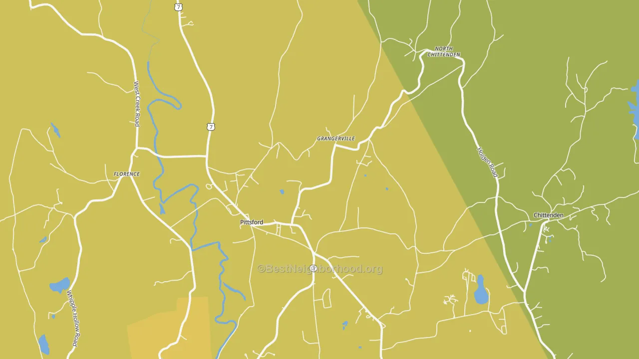 Map of the best neighborhoods in the Pittsford area, with better matches in green and worse matches in red