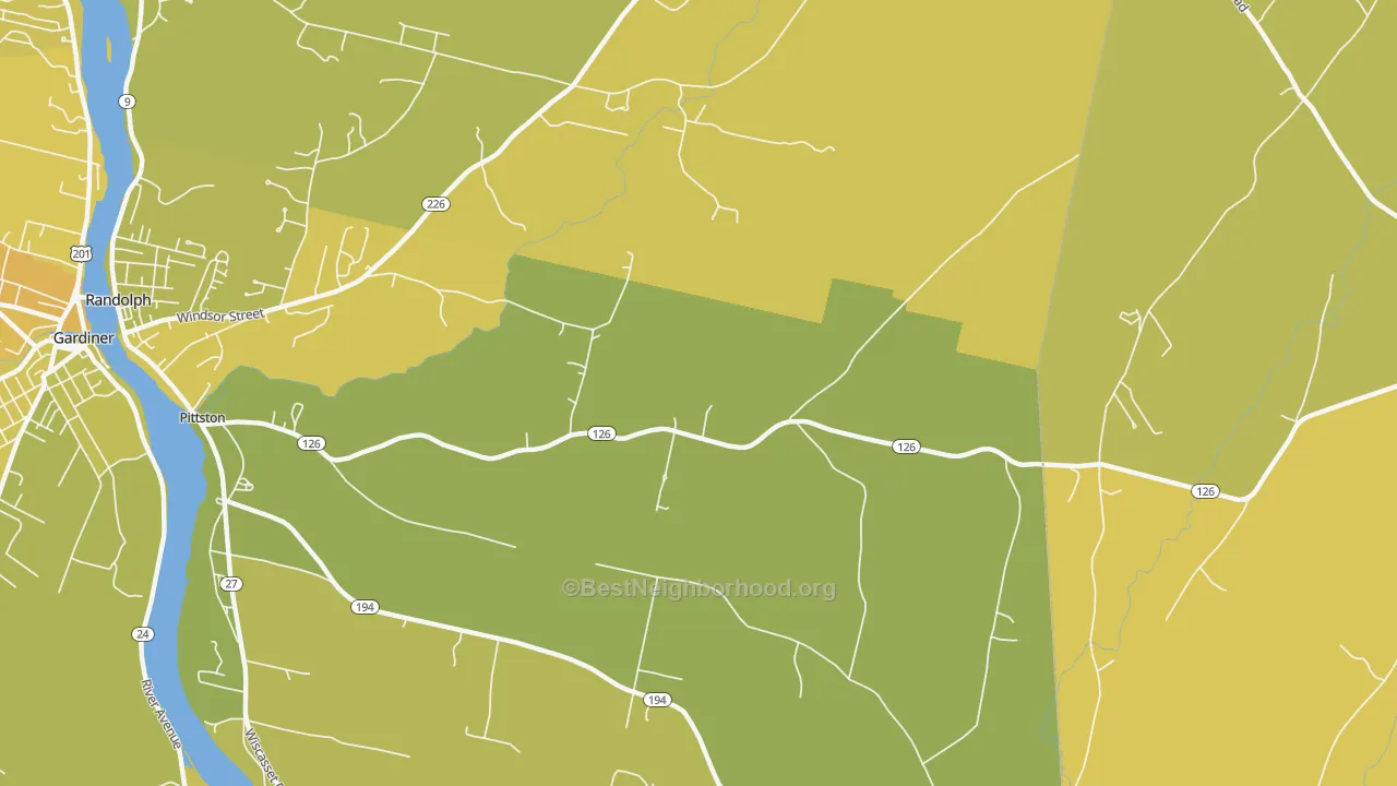 Map of the best neighborhoods in the Pittston area, with better matches in green and worse matches in red