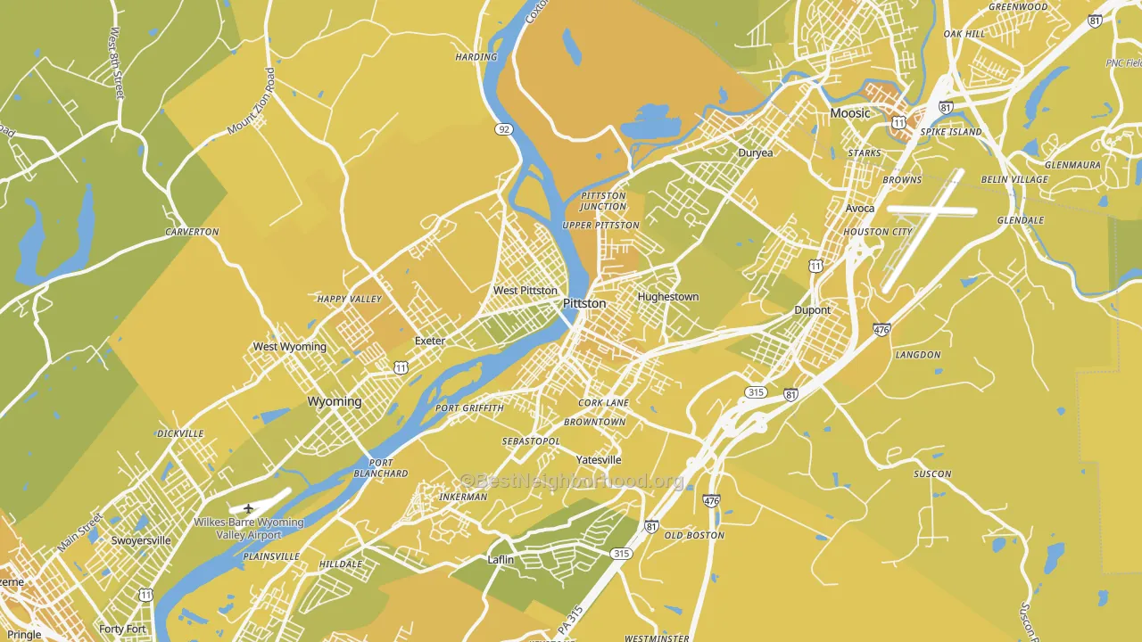 Map of the best neighborhoods in the Pittston area, with better matches in green and worse matches in red