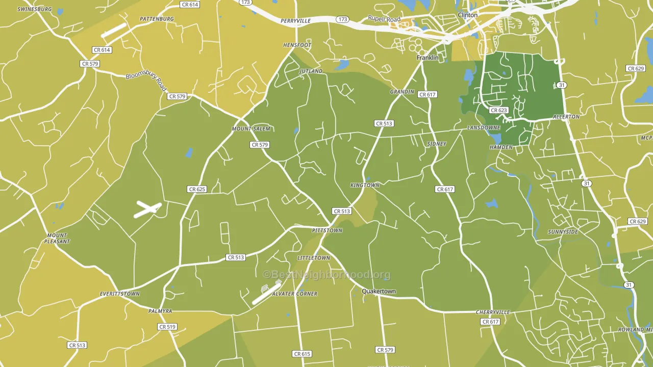 Map of the best neighborhoods in the Pittstown area, with better matches in green and worse matches in red