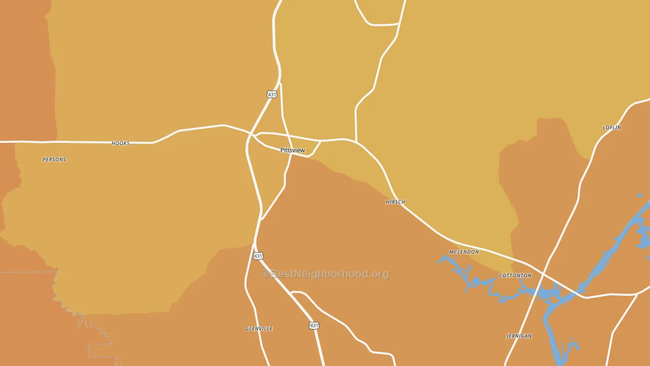 Map of the best neighborhoods in the Pittsview area, with better matches in green and worse matches in red