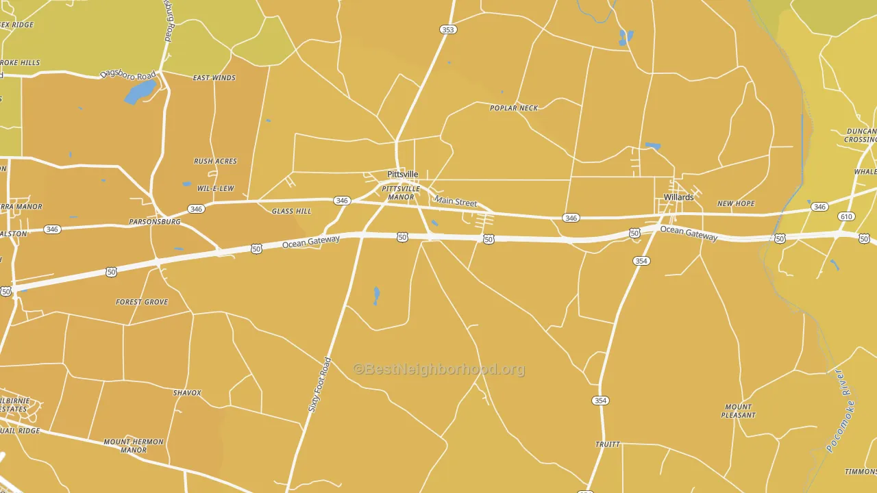 Map of the best neighborhoods in the Pittsville area, with better matches in green and worse matches in red