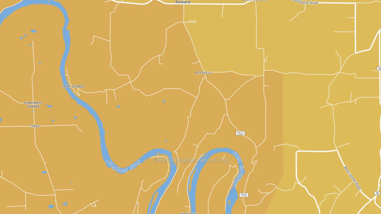Map of the best neighborhoods in the Pittsville area, with better matches in green and worse matches in red