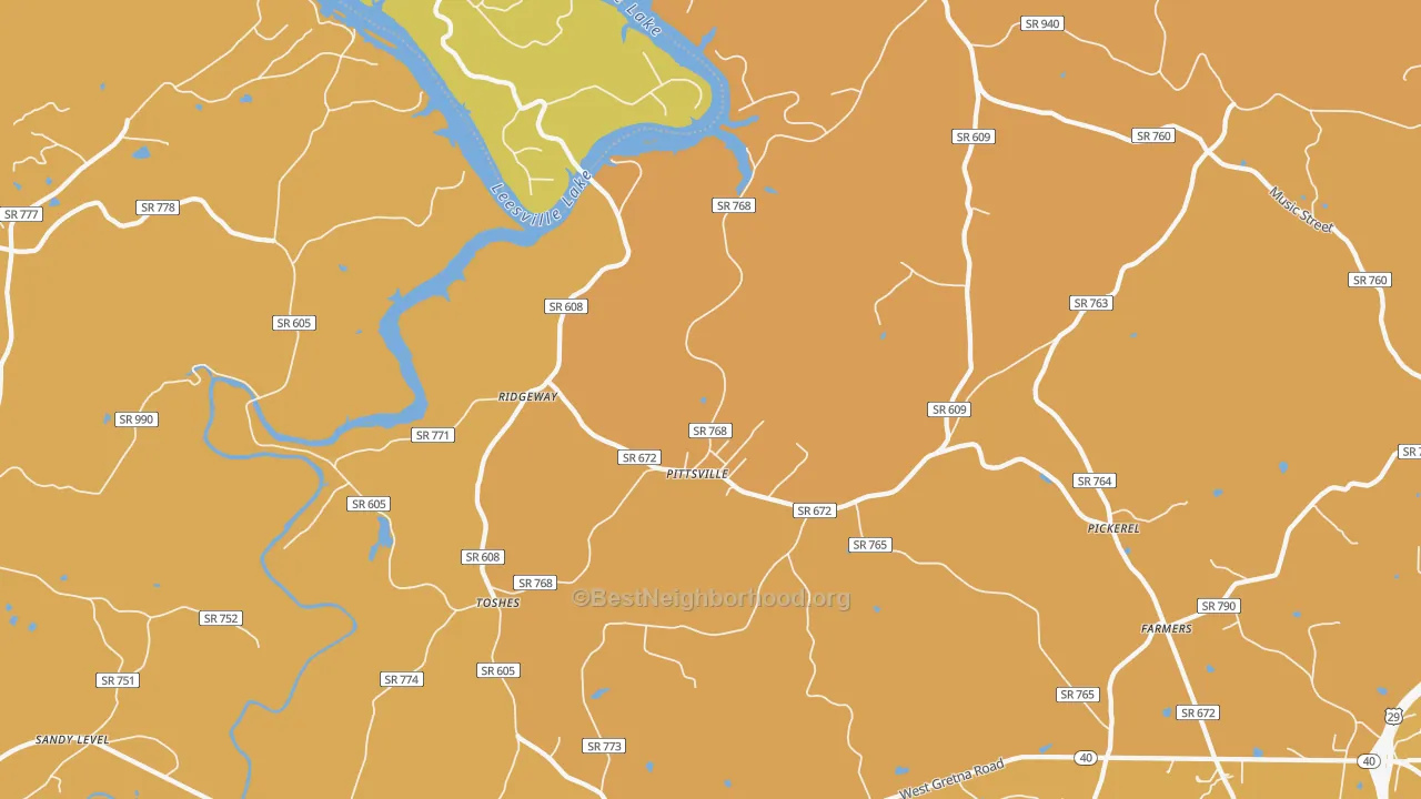 Map of the best neighborhoods in the Pittsville area, with better matches in green and worse matches in red
