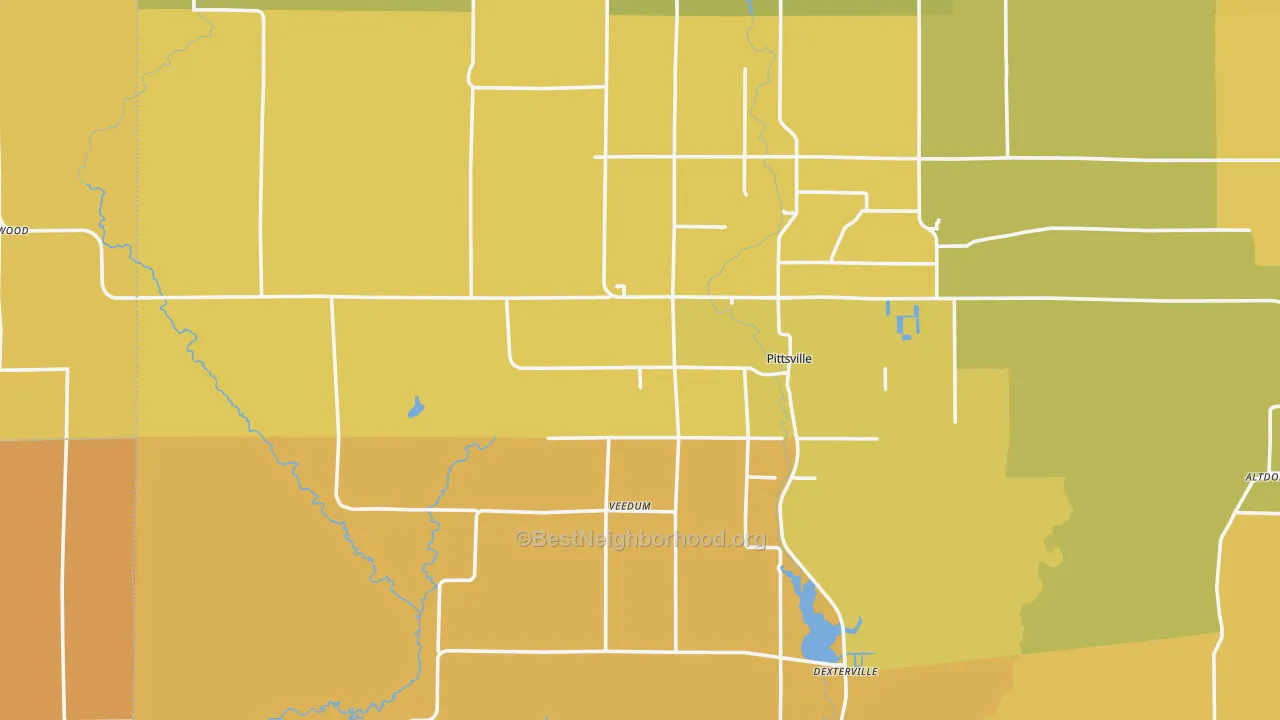 Map of the best neighborhoods in the Pittsville area, with better matches in green and worse matches in red