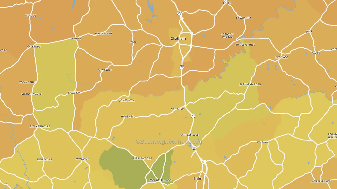 Map of the best neighborhoods in the Pittsylvania County area, with better matches in green and worse matches in red