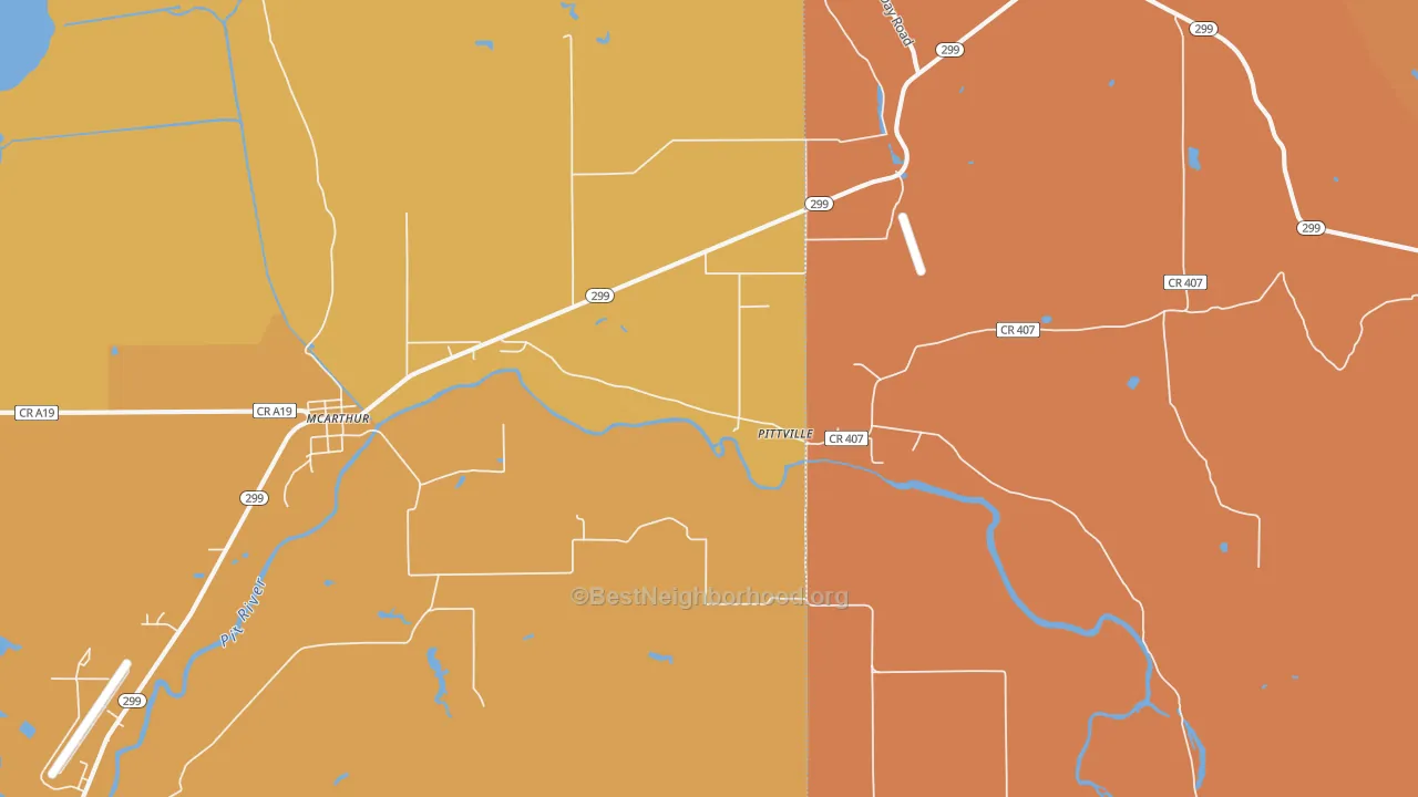 Map of the best neighborhoods in the Pittville area, with better matches in green and worse matches in red
