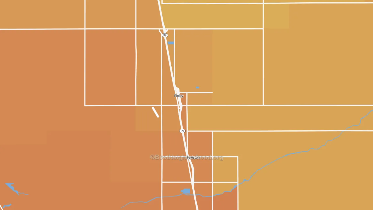 Map of the best neighborhoods in the Pixley area, with better matches in green and worse matches in red