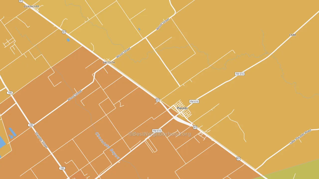 Map of the best neighborhoods in the Placedo area, with better matches in green and worse matches in red