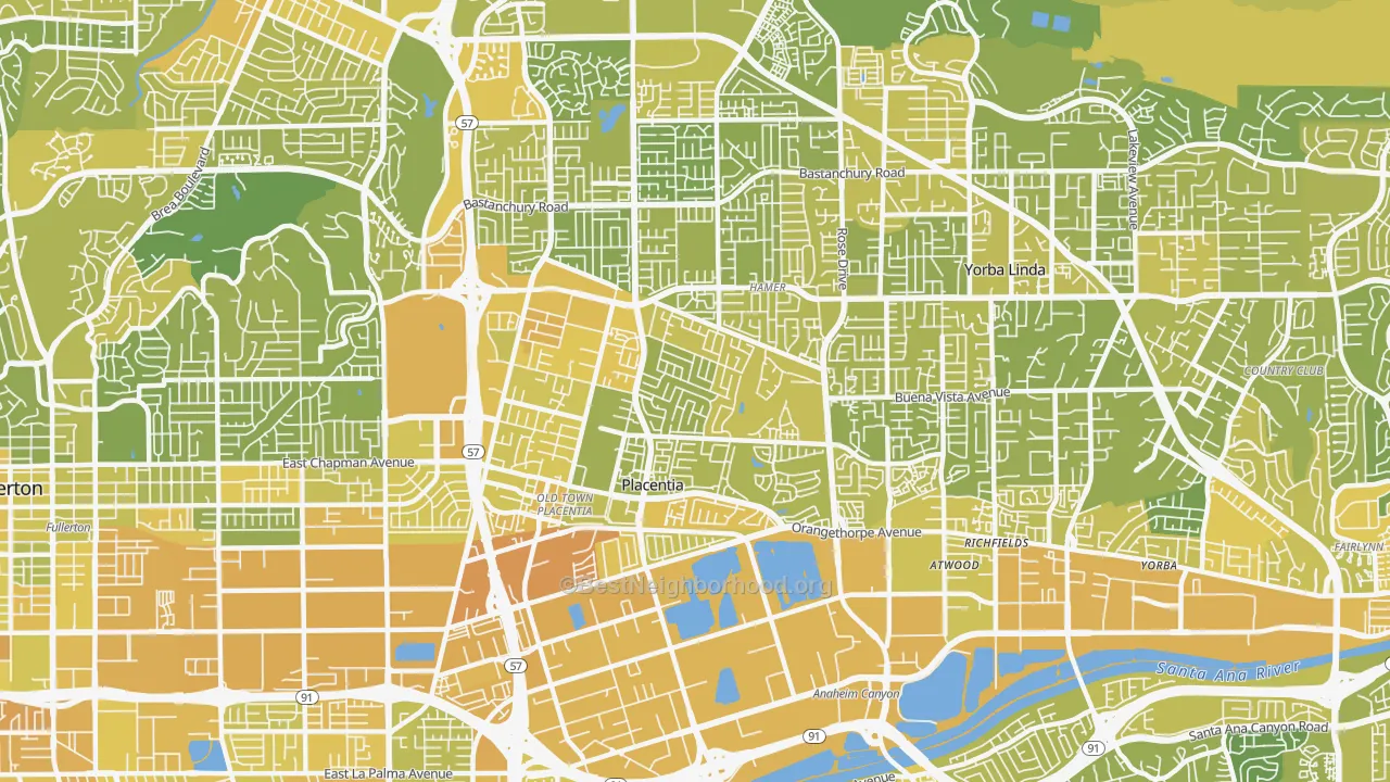 Map of the best neighborhoods in the Placentia area, with better matches in green and worse matches in red