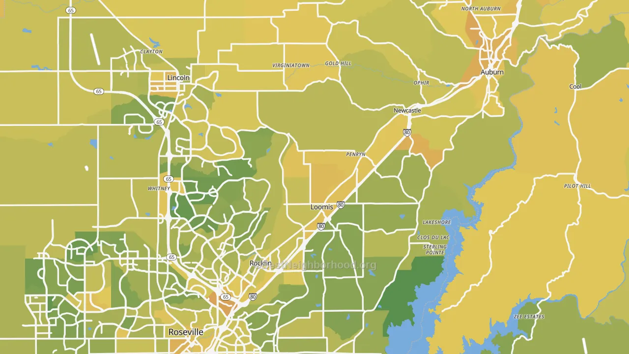 Map of the best neighborhoods in the Placer County area, with better matches in green and worse matches in red
