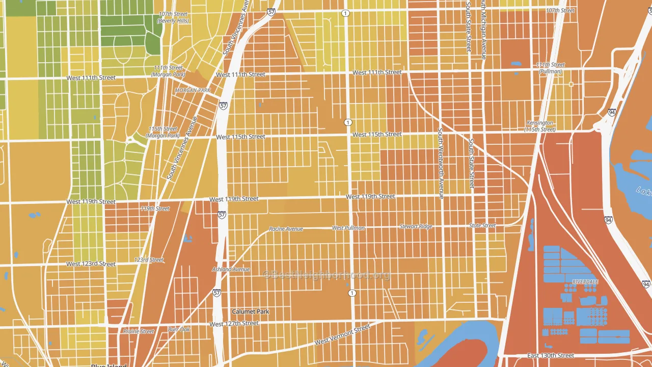 Map of the best neighborhoods in the Placerdale, Chicago area, with better matches in green and worse matches in red
