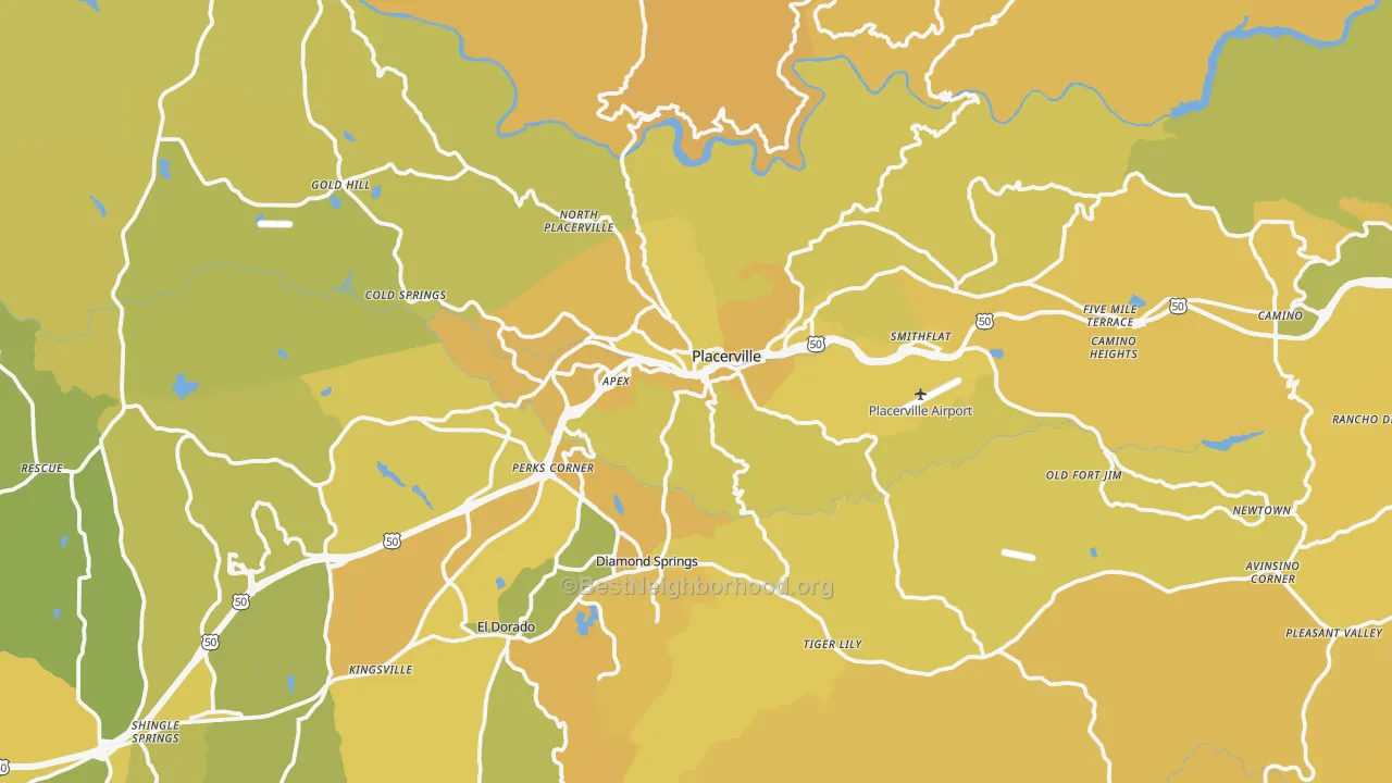 Map of the best neighborhoods in the Placerville area, with better matches in green and worse matches in red