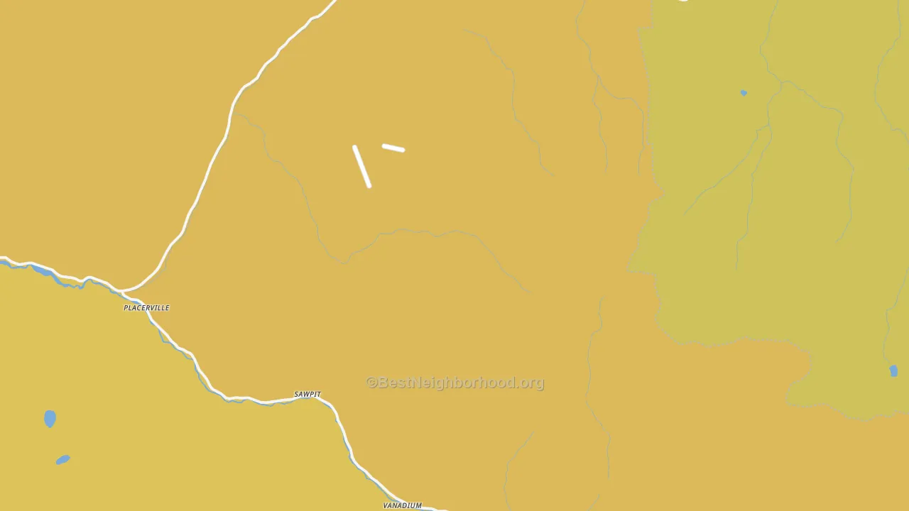 Map of the best neighborhoods in the Placerville area, with better matches in green and worse matches in red