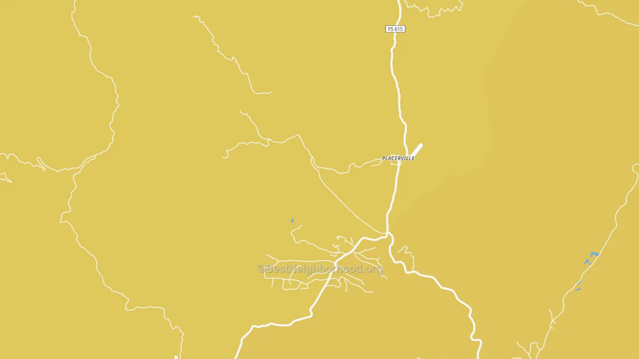 Map of the best neighborhoods in the Placerville area, with better matches in green and worse matches in red